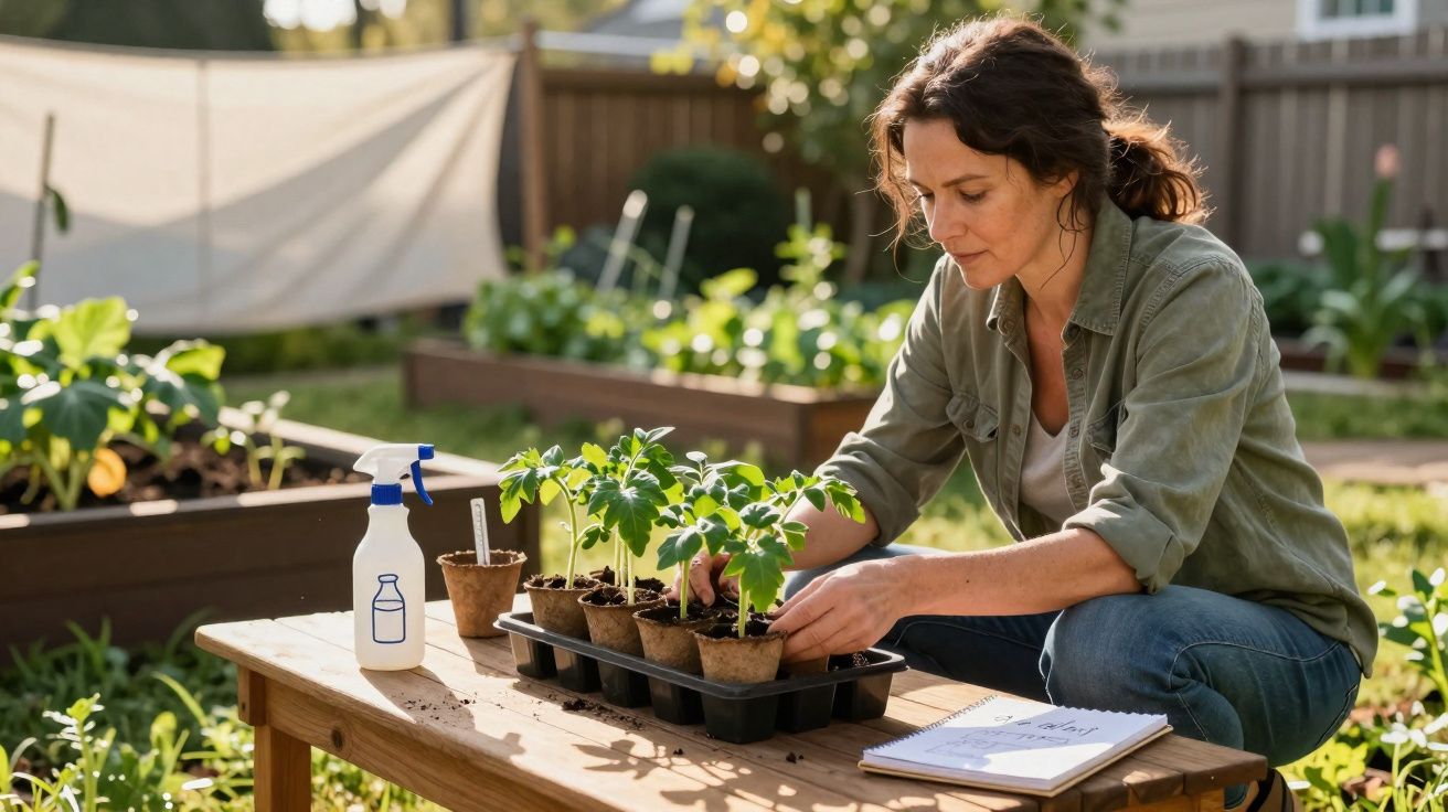 Mulher cuidando de mudas em vaso no jardim, com regador e caderno sobre a mesa de madeira.