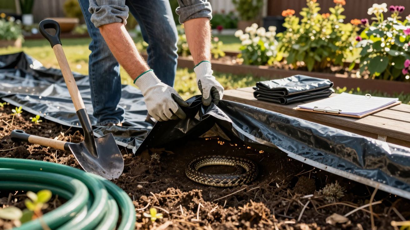 Pessoa com luvas abrindo plástico no jardim para revelar cobra no solo ao lado de ferramentas de jardinagem.