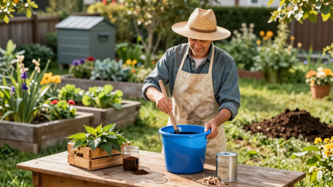 Homem com chapéu mexe mistura em balde azul enquanto está em jardim ensolarado com plantas ao fundo.