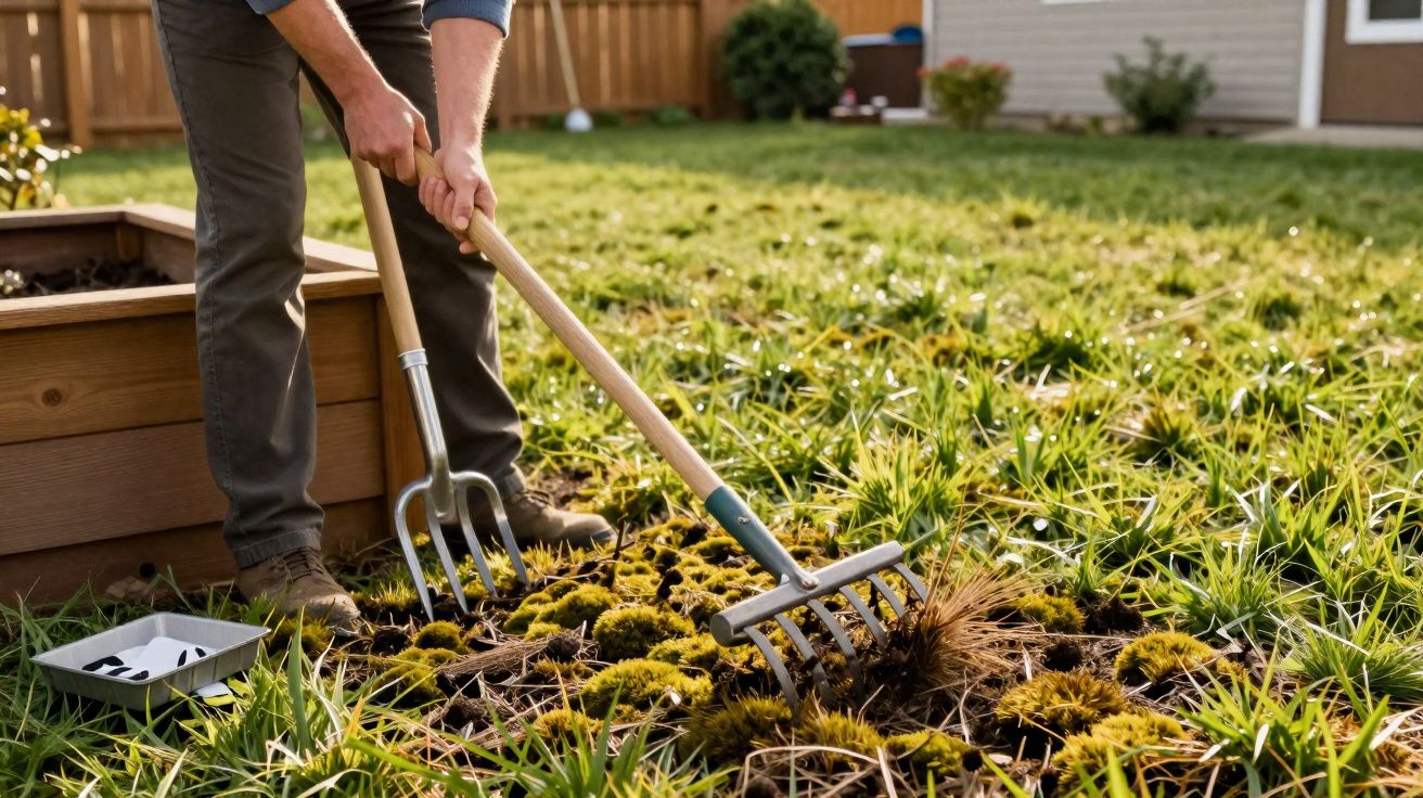 Pessoa usando ancinho para limpar musgo e grama seca em área de jardim gramada.