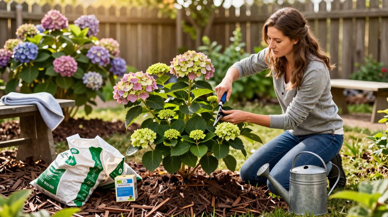 Mulher cuidando de hortênsias com tesoura de poda em jardim ensolarado e regador ao lado.