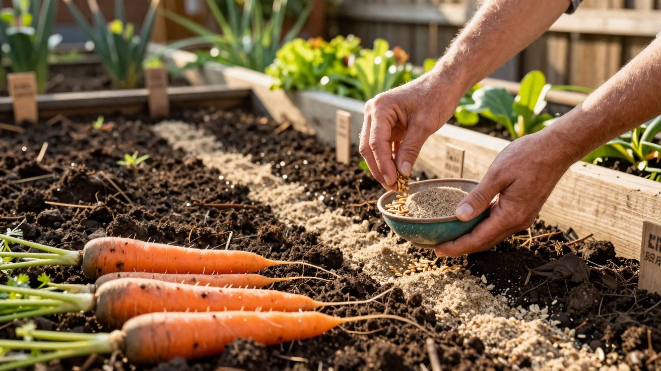 Mãos semeando sementes em canteiro de terra com cenouras colhidas ao lado em jardim.