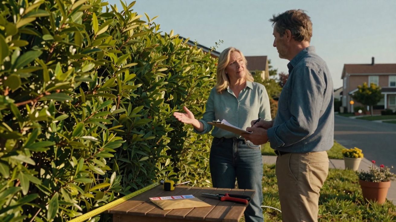 Mulher e homem medindo cerca viva em condomínio residencial ensolarado com ferramentas sobre mesa de madeira.