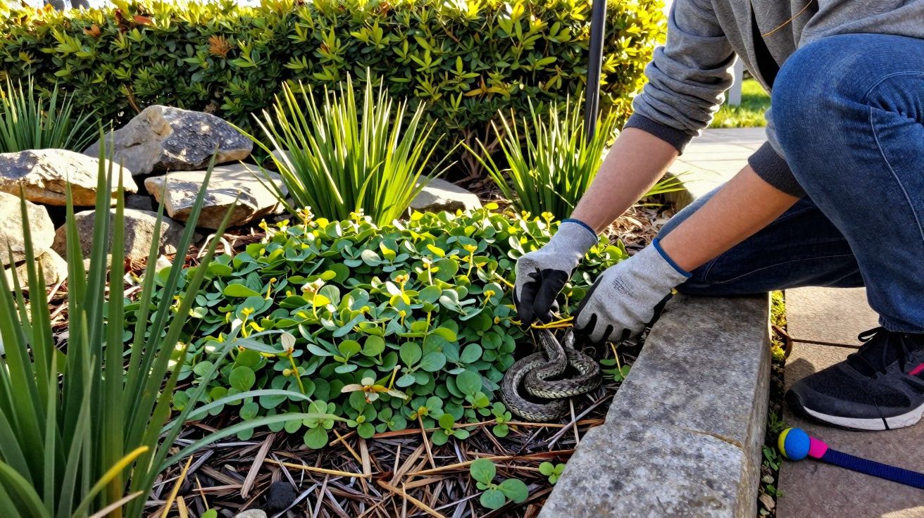 Pessoa com luvas capturando cobra em jardim com plantas e pedras sob luz do dia.