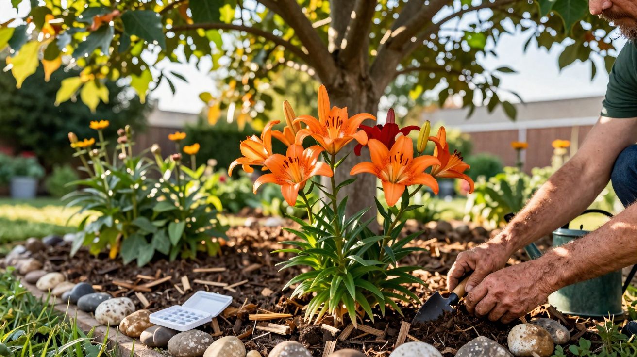 Homem cuidando de flores laranjas em canteiro decorado com pedras e árvore ao fundo.