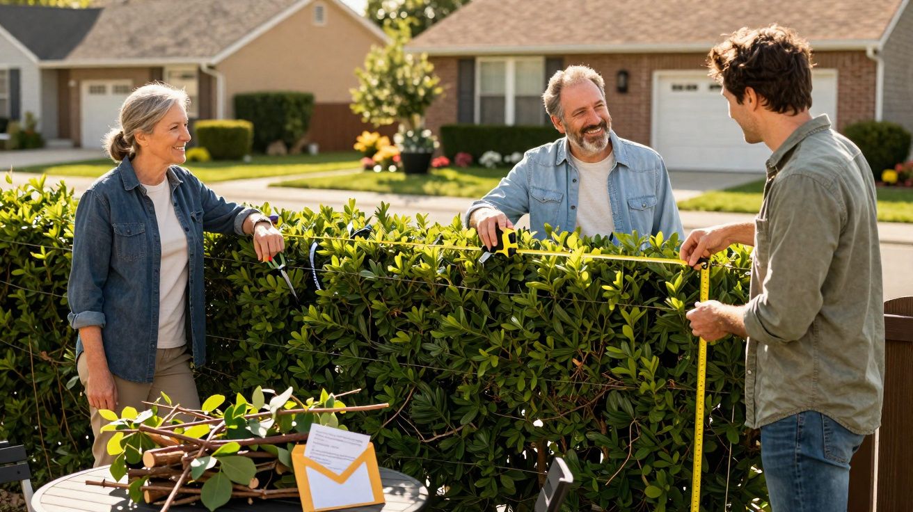 Três pessoas medindo e aparando uma sebe verde em um jardim com casas ao fundo em dia ensolarado.