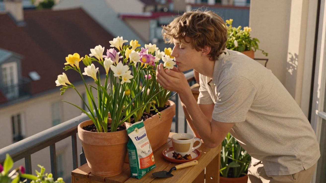 Jovem cheirando flores em vasos no parapeito de varanda, com xícara de café ao lado.