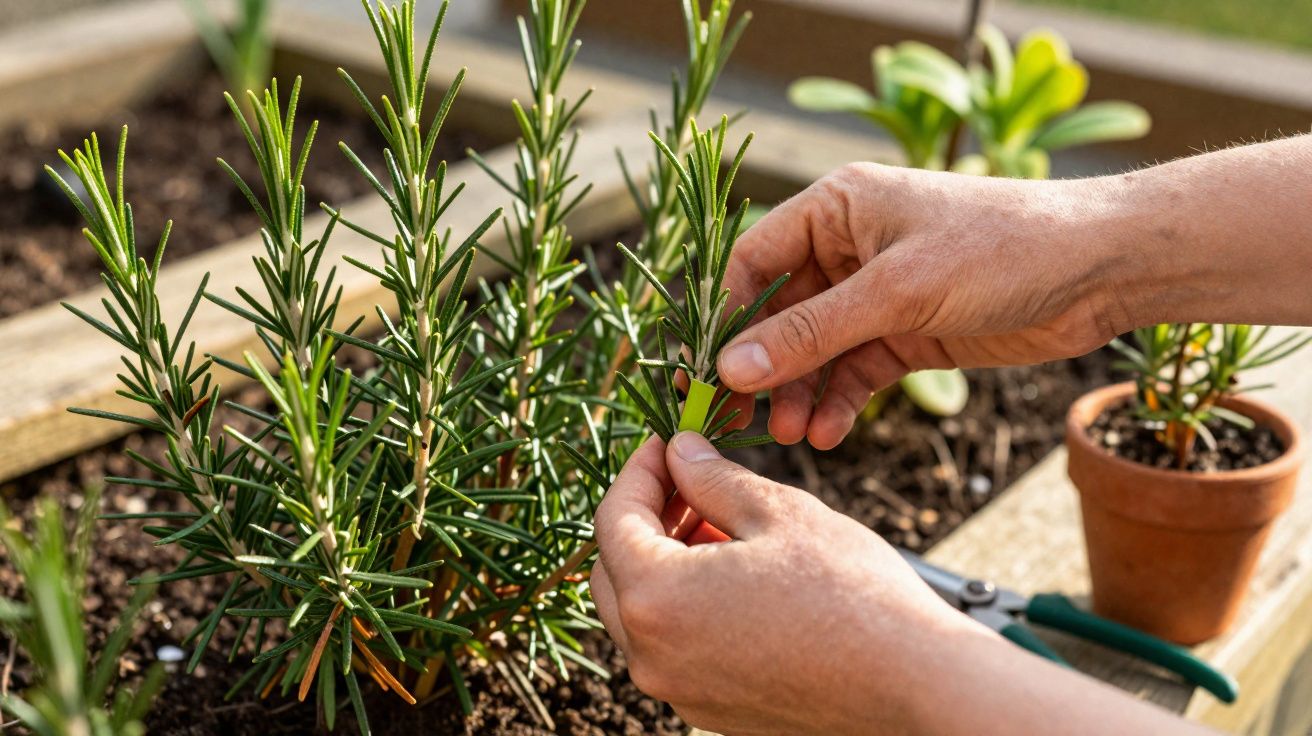 Mãos colhendo ramos de alecrim em vaso de madeira, com tesoura de poda ao fundo.