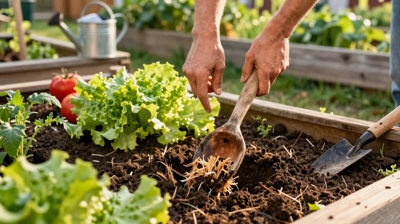 Pessoa usando colher de madeira para preparar canteiro com terra e palha em horta caseira.