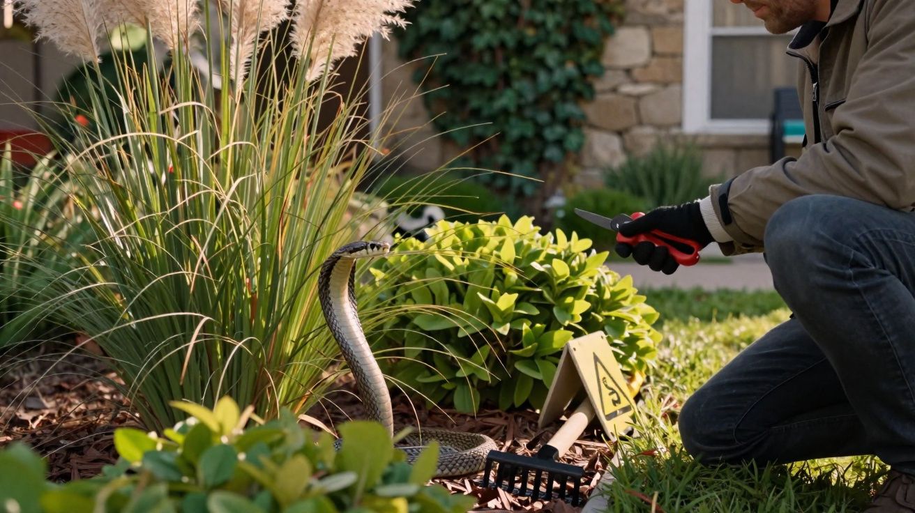 Homem de luvas segurando faca diante de cobra em jardim com plantas e placa de aviso.