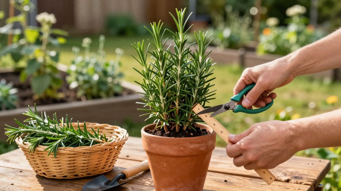 Pessoa podando planta de alecrim em vaso de cerâmica com tesoura de poda em jardim.