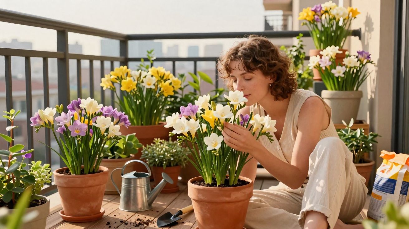 Mulher sentada em varanda cuidando e cheirando flores coloridas em vasos de barro.