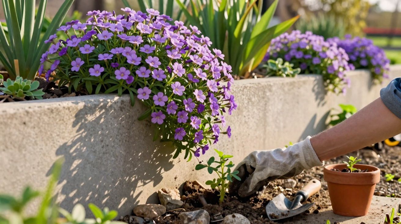 Jardineiro com luva plantando muda ao lado de flores roxas em canteiro de concreto ensolarado.