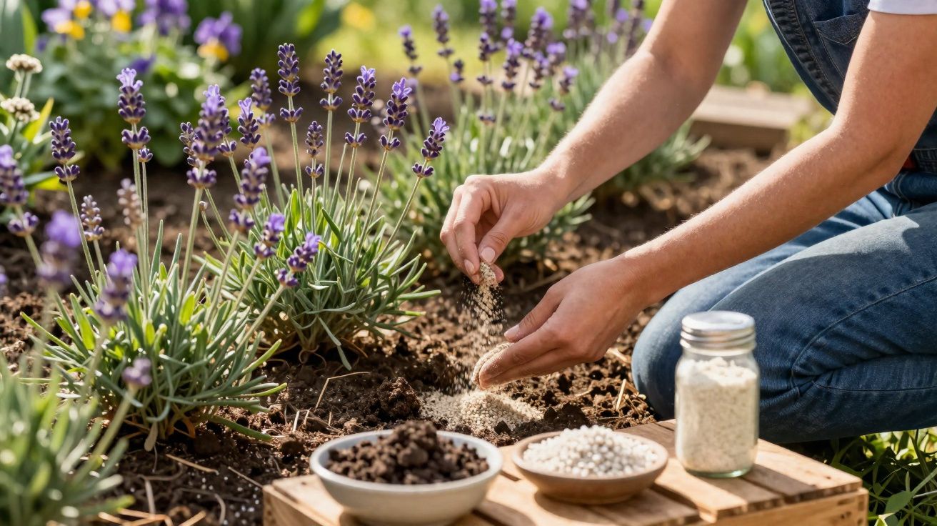 Pessoa aplicando fertilizante granular em plantações de lavanda em um jardim ensolarado.