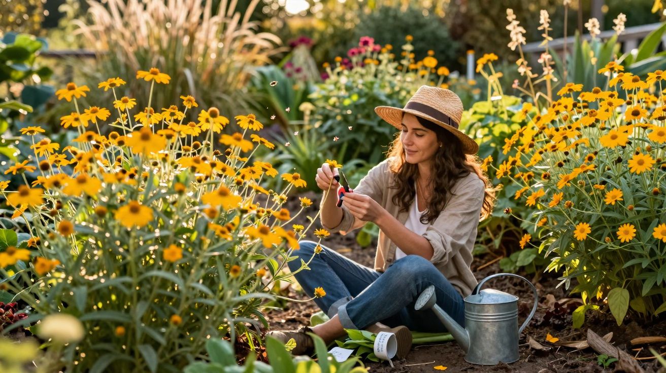 Mulher com chapéu cuidando de plantas amarelas em jardim ao ar livre durante o dia.