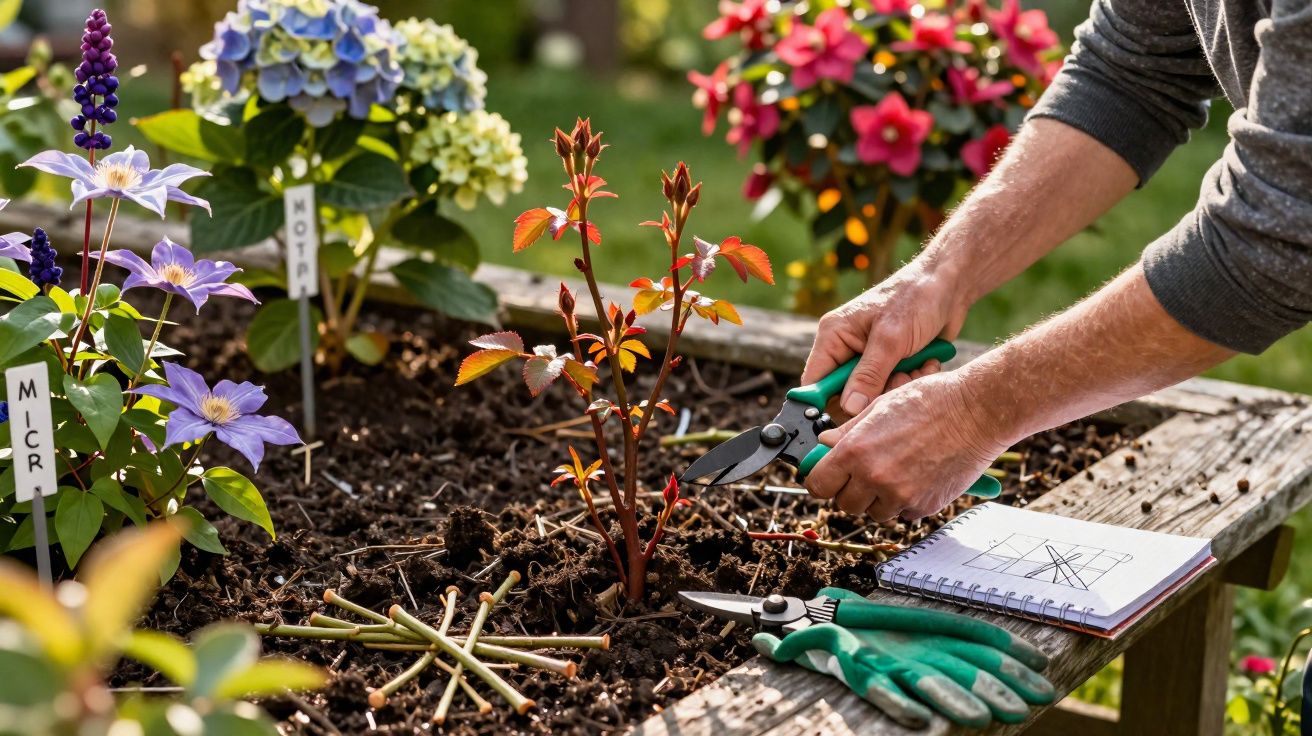 Pessoa podando broto de arbusto em canteiro com flores coloridas, luvas e caderno ao lado.