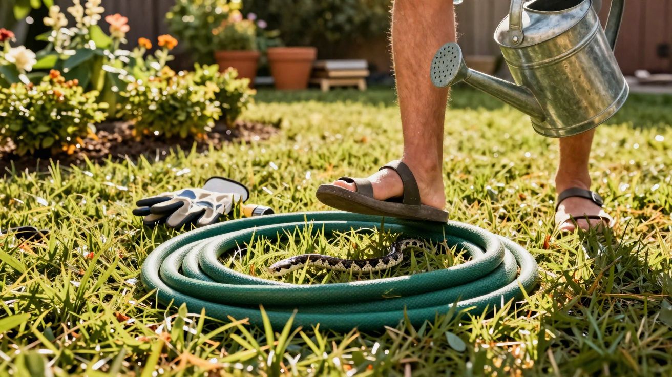 Homem em jardim rega plantas perto de mangueira enrolada onde há uma cobra escondida na grama.