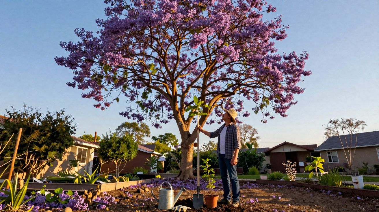 Pessoa com chapéu toca em árvore florida roxa em jardim doméstico ao entardecer.