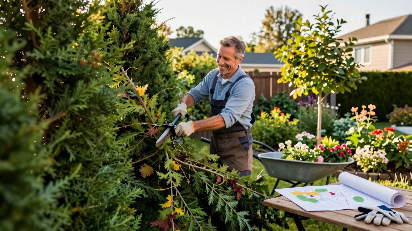 Homem sorridente podando arbustos em jardim ensolarado com plantas e ferramentas de jardinagem ao fundo.