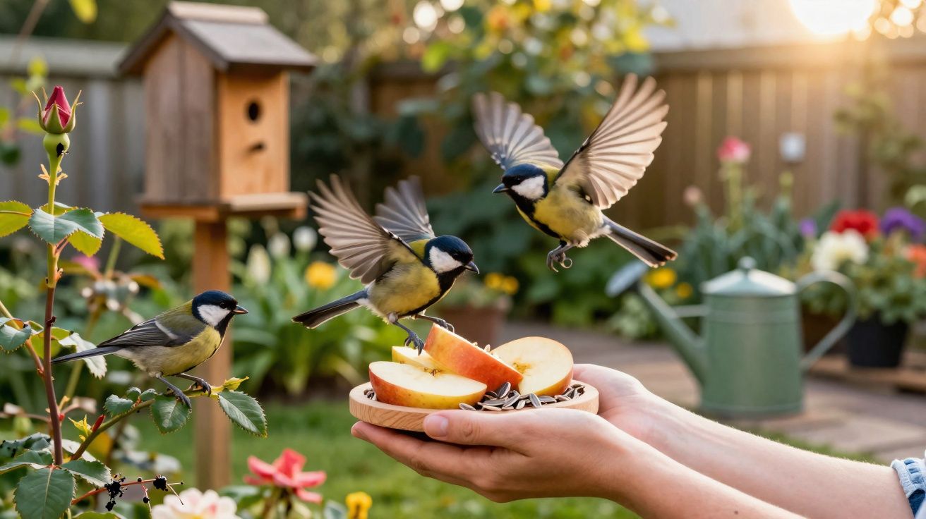 Pássaros com asas abertas pousando em prato com maçã e sementes na mão em jardim ensolarado.