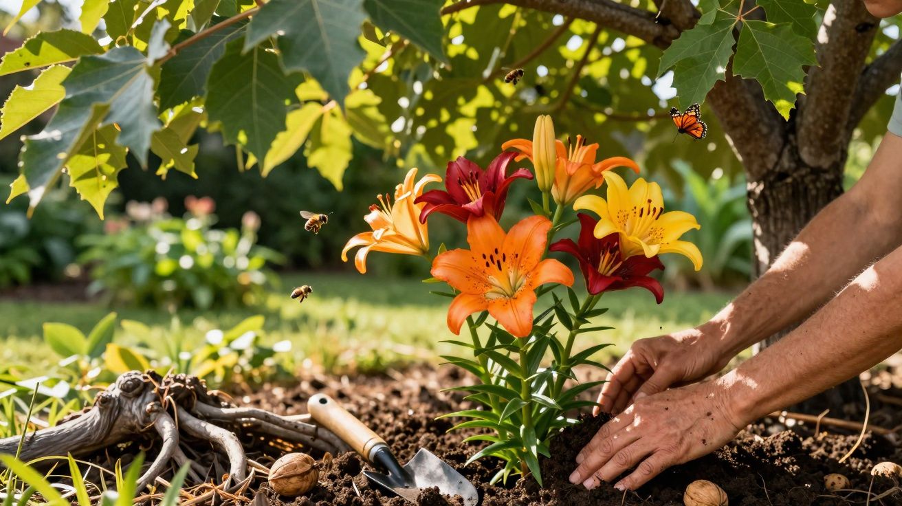 Pessoa plantando lírios coloridos no jardim, com abelhas e borboleta voando ao redor.