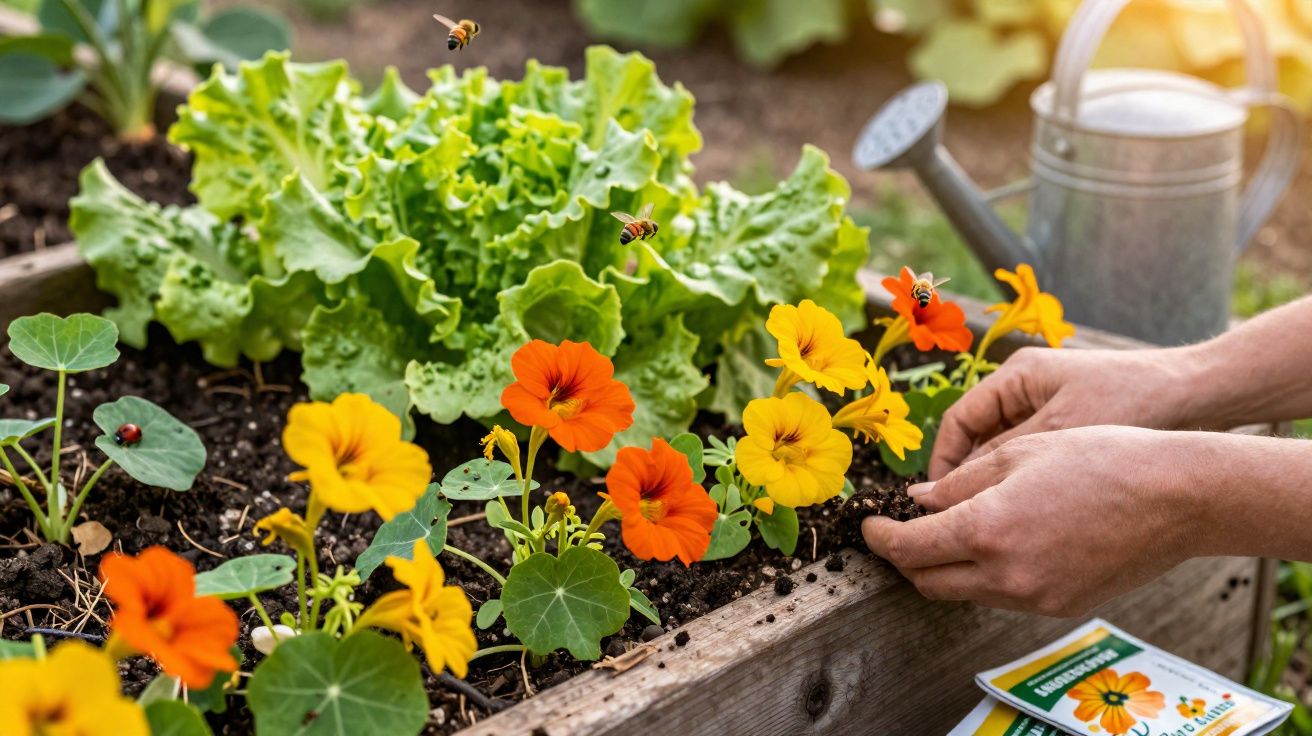 Mãos cuidando de flores amarelas e laranjas em canteiro de madeira com alface e abelhas voando.