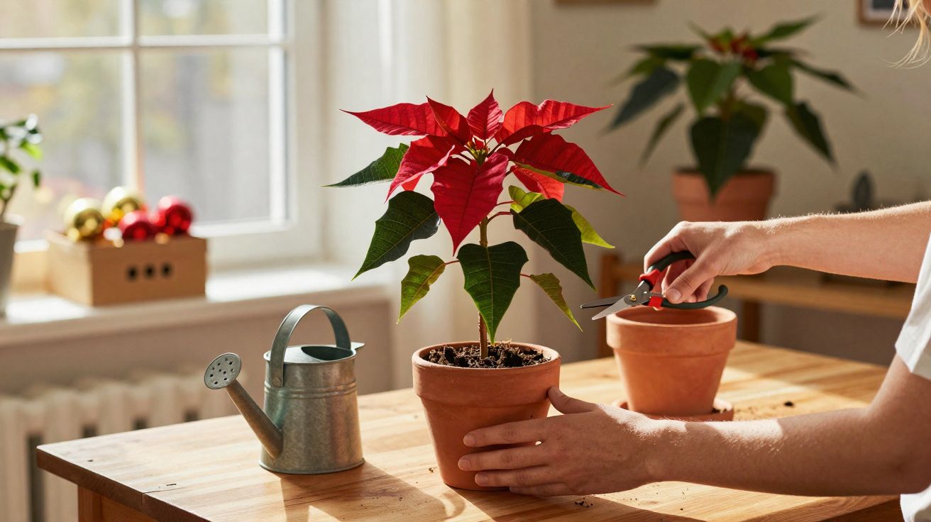 Mãos cuidadosas podando planta vermelha em vaso de barro sobre mesa de madeira próxima a regador.