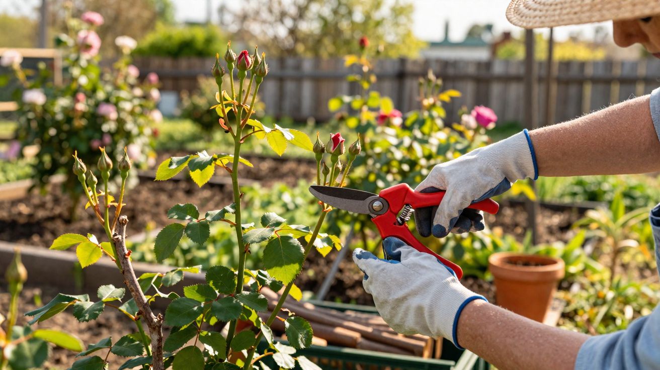 Pessoa com luvas podando botões de rosas em um jardim ensolarado com cerca ao fundo.