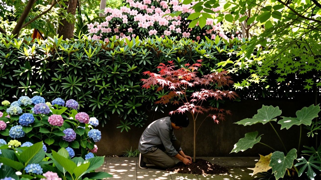 Pessoa agachada plantando árvore de folhas vermelhas em jardim com hortênsias e vegetação diversificada.