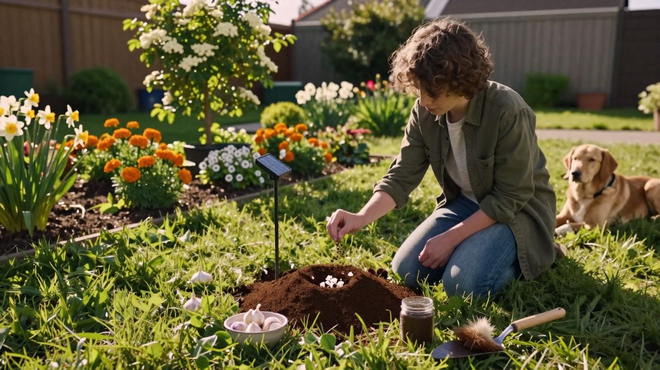 Criança plantando dentes de alho em jardim ensolarado com flores, utensílios de jardinagem e cachorro ao fundo.
