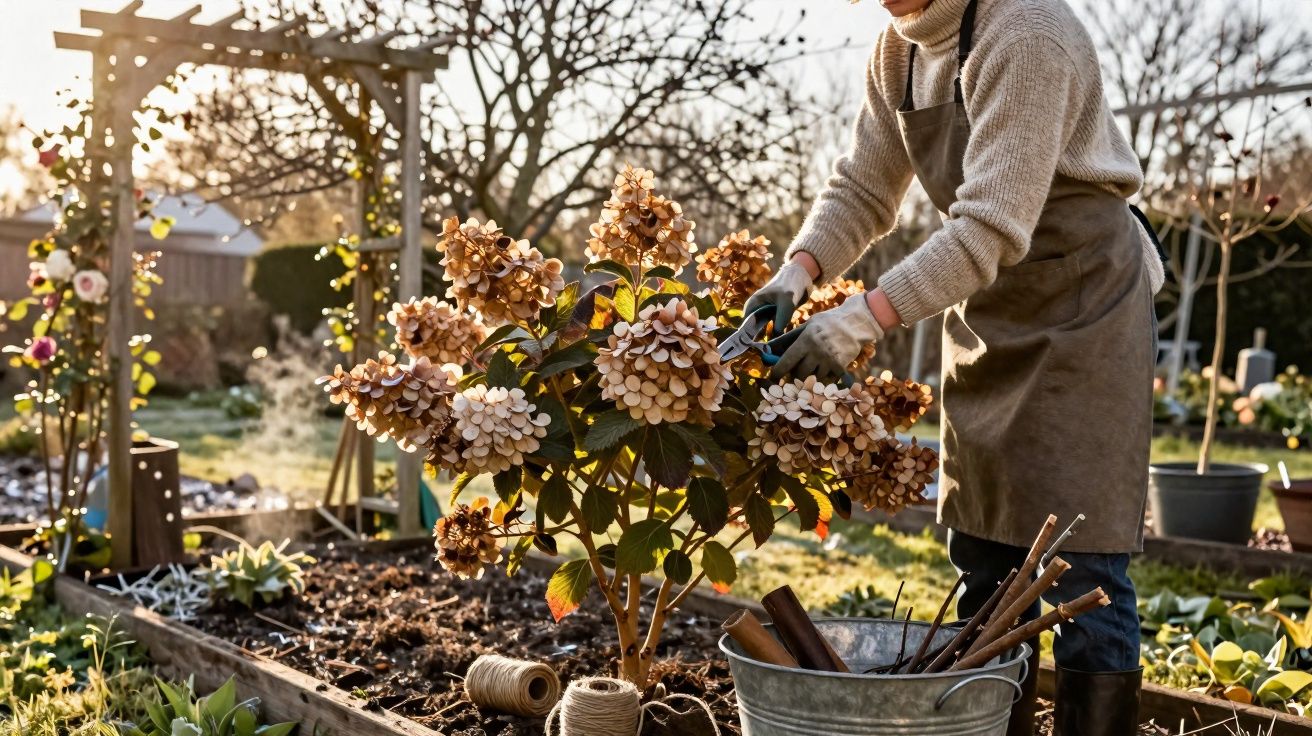 Pessoa podando hortênsias em jardim ao ar livre durante o entardecer, usando luvas e avental.