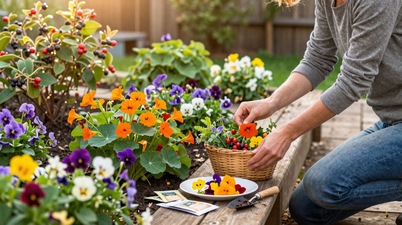 Pessoa colhendo flores e frutas em cesta no jardim com várias flores coloridas ao redor.