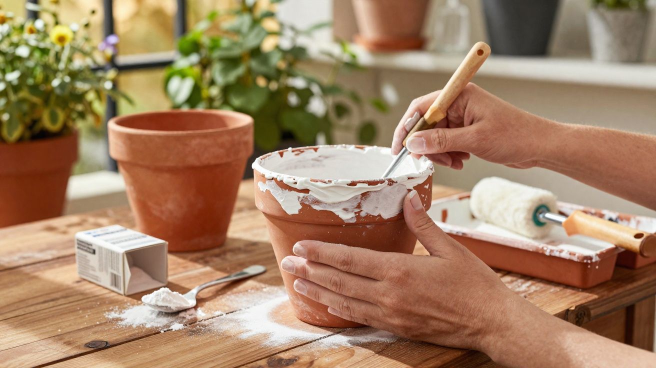 Pessoa pintando vaso de barro com tinta branca em mesa de madeira, com plantas ao fundo.