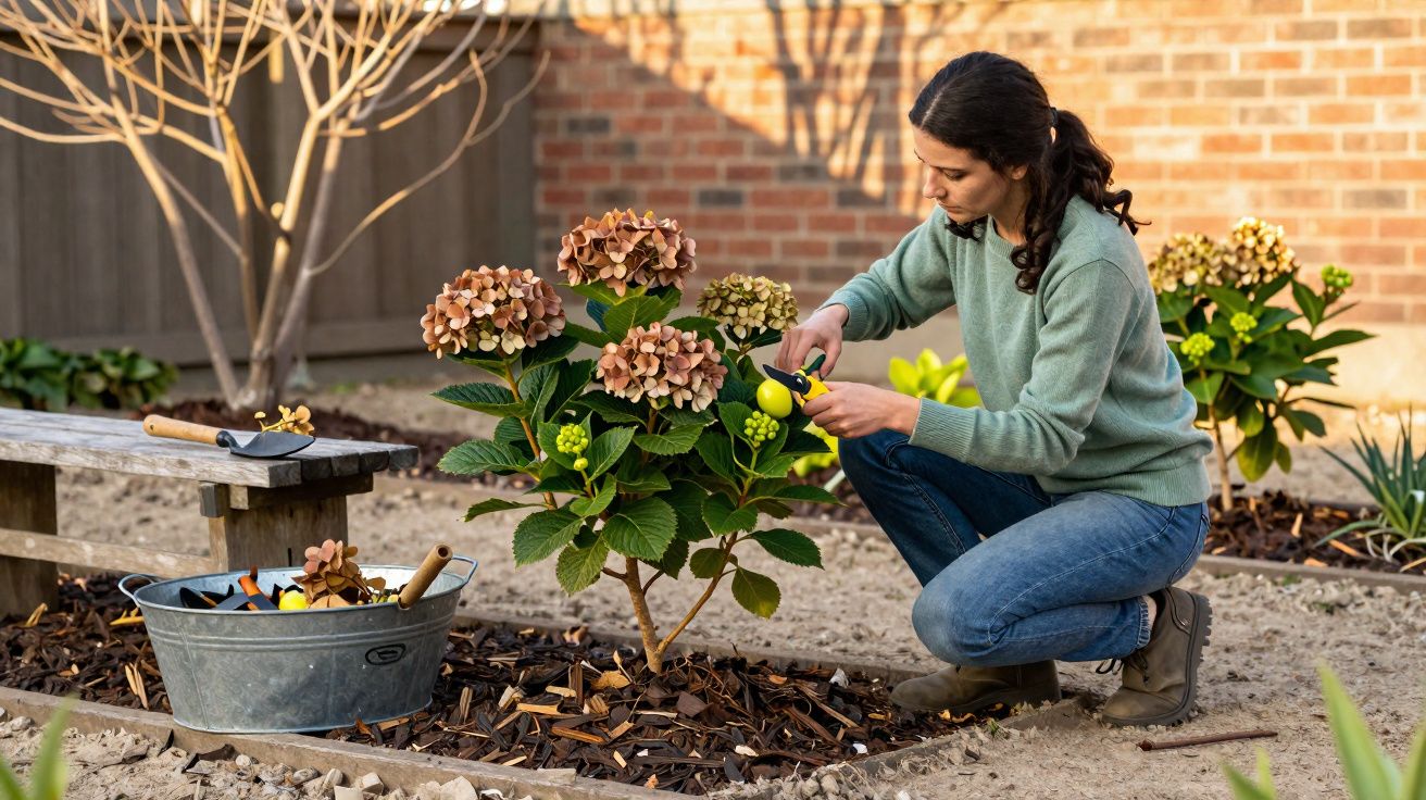 Mulher agachada cuidando de planta com flores secas em jardim com ferramentas ao lado.