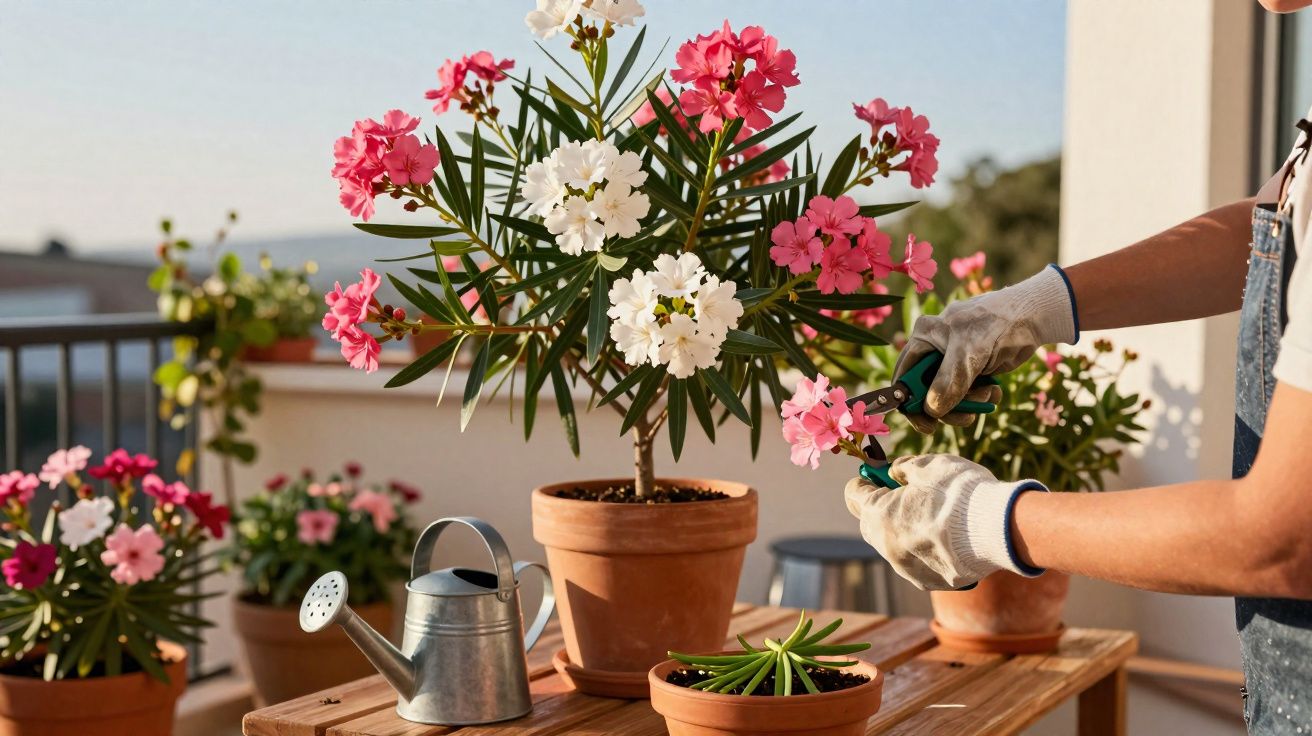 Pessoa podando flores rosa e brancas em vaso de cerâmica em varanda ensolarada com regador e outras plantas.