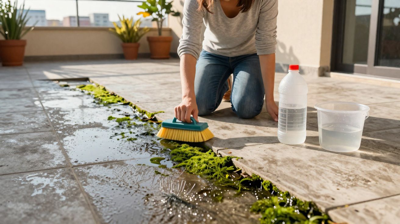 Pessoa limpando mofo e sujeira do chão de varanda com escova, balde de água e garrafa.