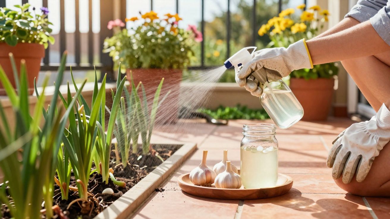 Pessoa com luvas borrifando solução caseira em plantas verdes em jardim com vasos floridos ao fundo.