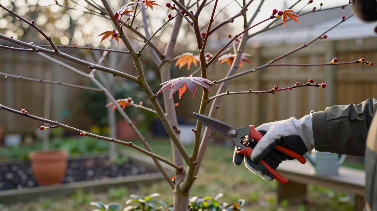 Pessoa podando ramo fino de árvore de folhas vermelhas com tesoura de jardinagem em área externa.