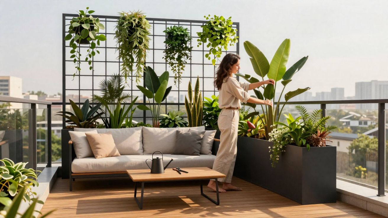 Mulher cuidando de plantas em varanda com sofá, mesa de madeira e vista urbana ao fundo.