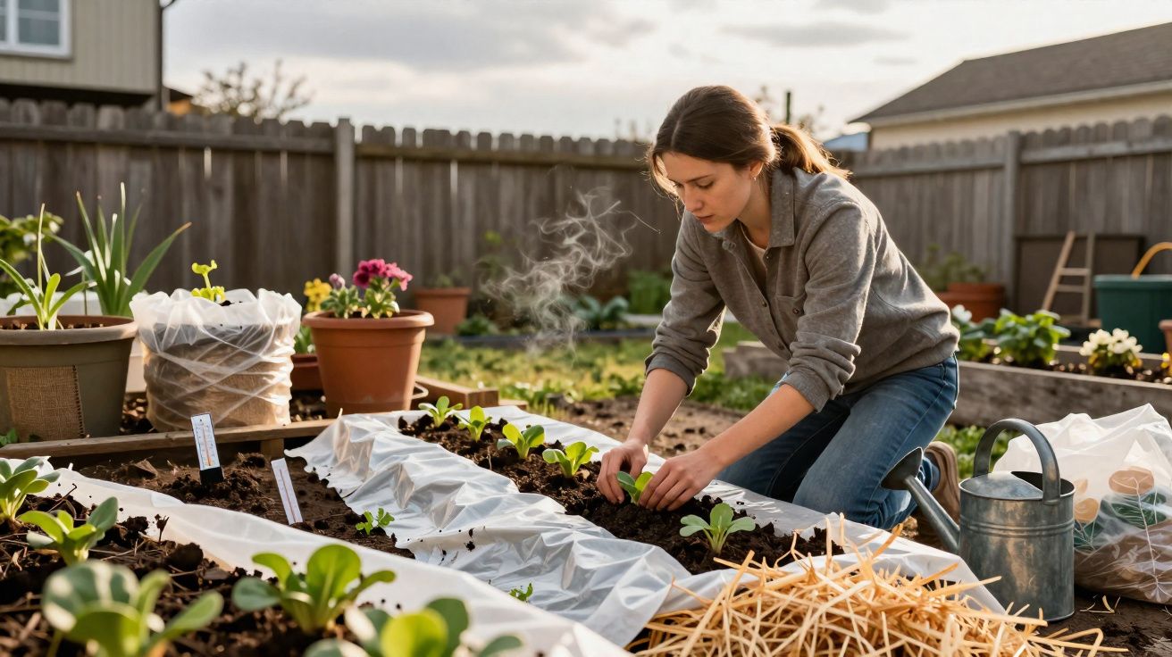 Mulher jovem cuidando de mudas em canteiro de horta com regador e plantas ao redor em jardim.