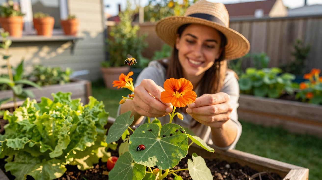 Mulher sorrindo cuidando de flores laranja em horta urbana com joaninha e abelha voando.