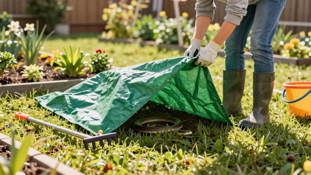 Pessoa usando luvas e botas revelando uma cobra enrolada em um jardim com flores e ferramentas.