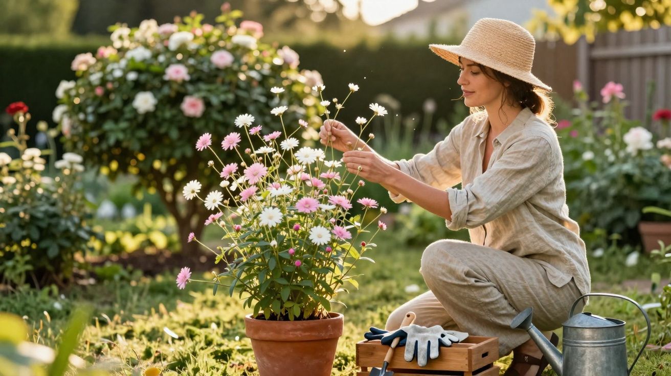 Mulher de chapéu cuidando de flores em vaso no jardim durante o dia ensolarado.