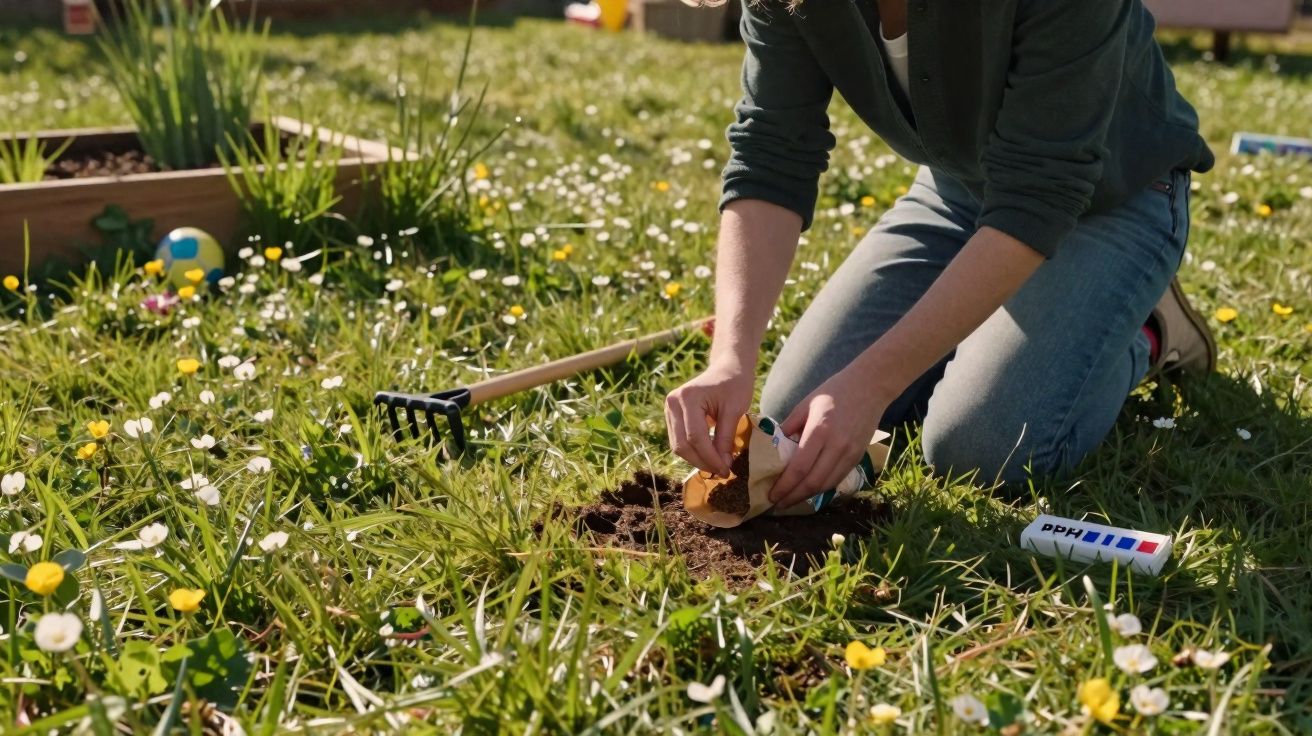 Pessoa ajoelhada plantando muda em jardim com flores e grama verde.