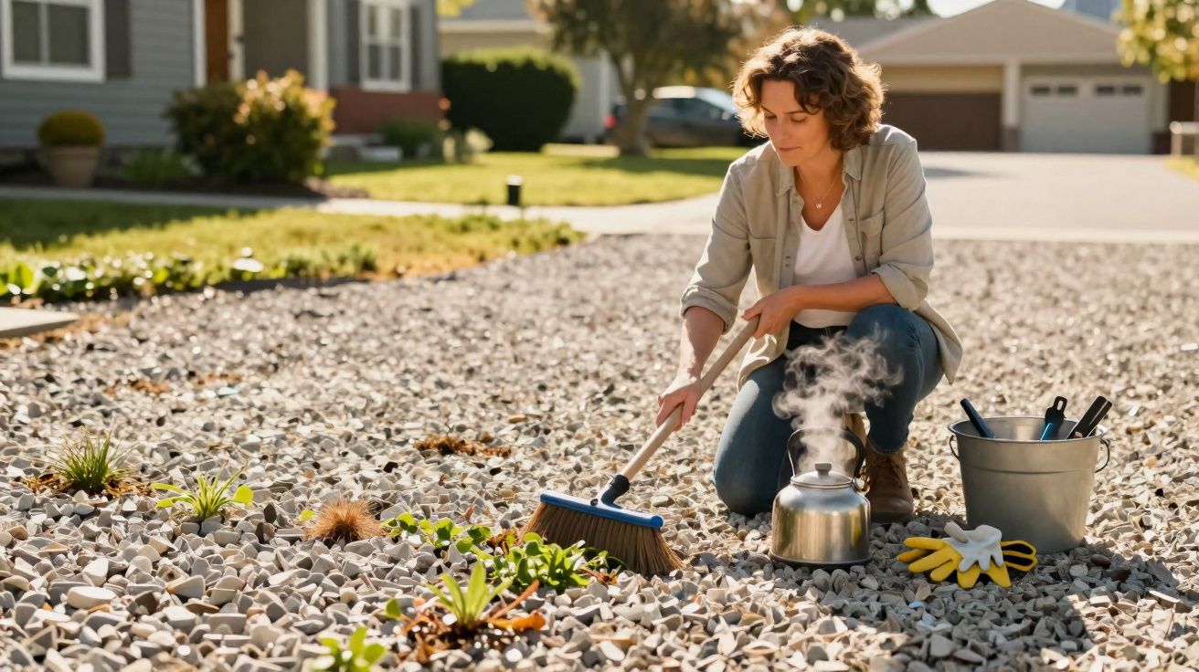 Mulher varrendo pedras em jardim rochoso ao lado de bule fumegante e balde de ferramentas.