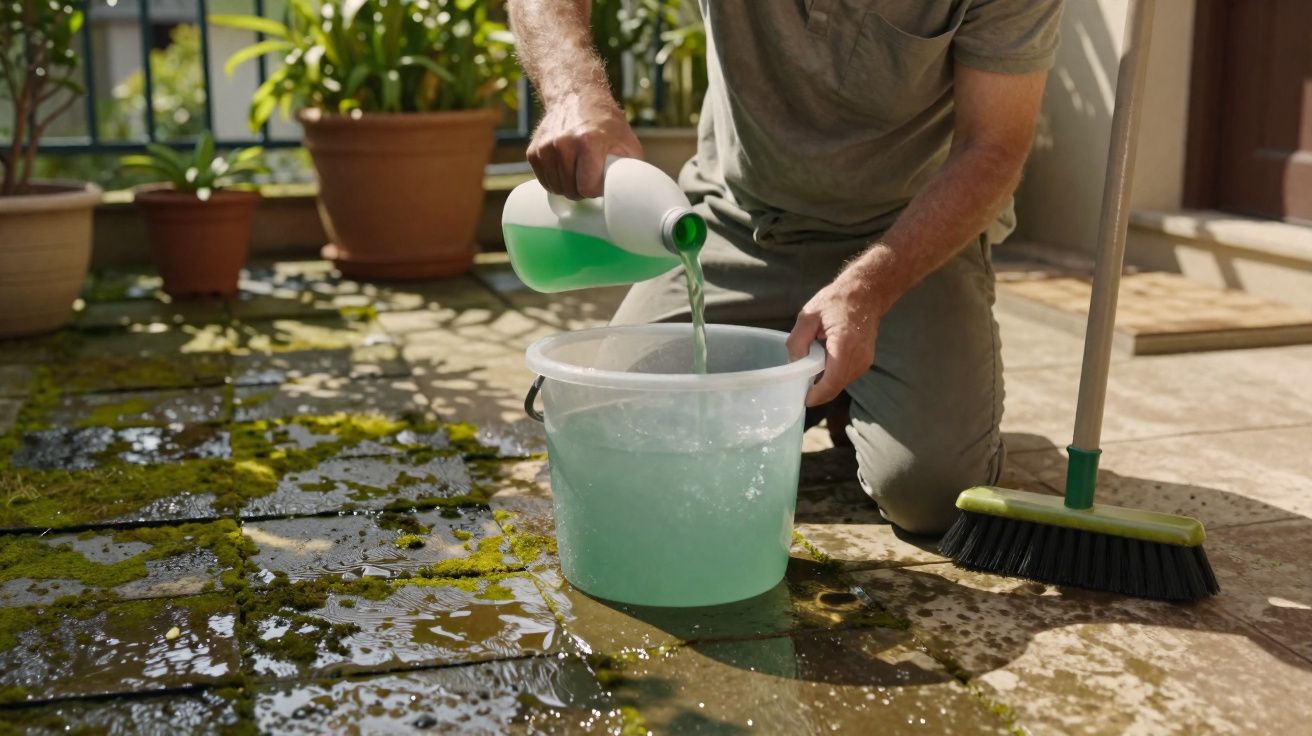 Pessoa despejando produto de limpeza verde em balde transparente para lavar piso externo úmido com musgo.