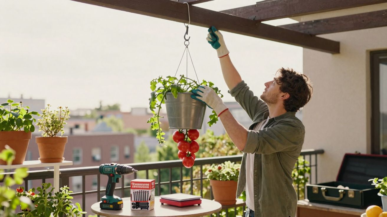 Homem cuidando de planta pendurada com tomates vermelhos em varanda ensolarada.