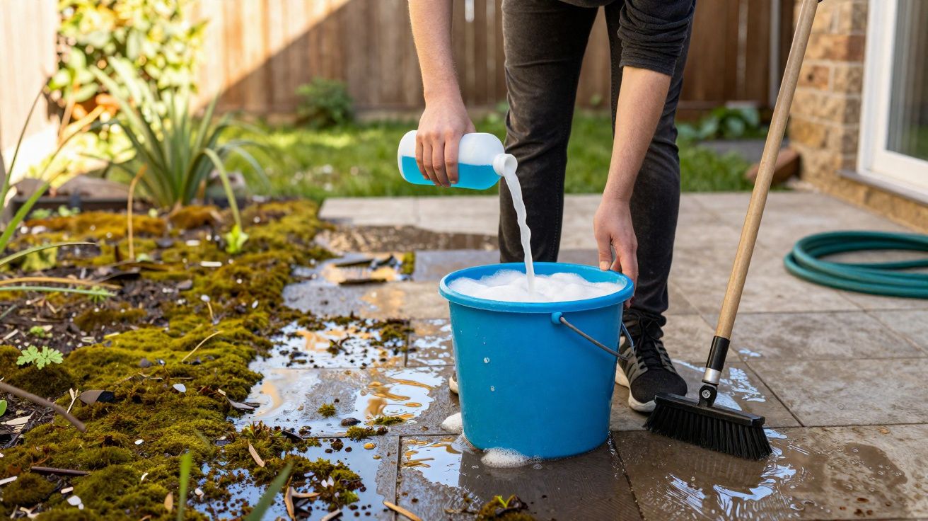 Pessoa despejando detergente em um balde azul cheio de água para limpar o chão de pedra ao ar livre.
