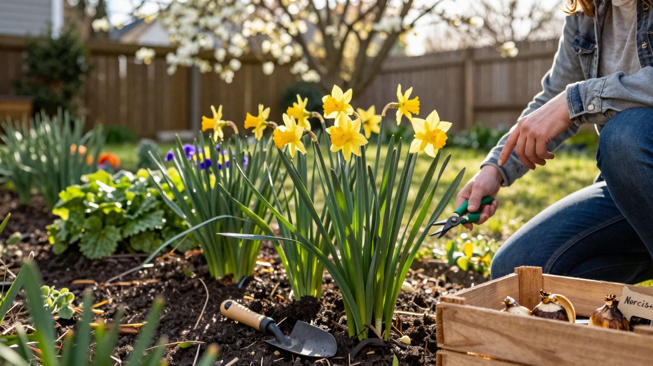 Pessoa cuidando de flores amarelas em canteiro de jardim com ferramentas de jardinagem ao lado.