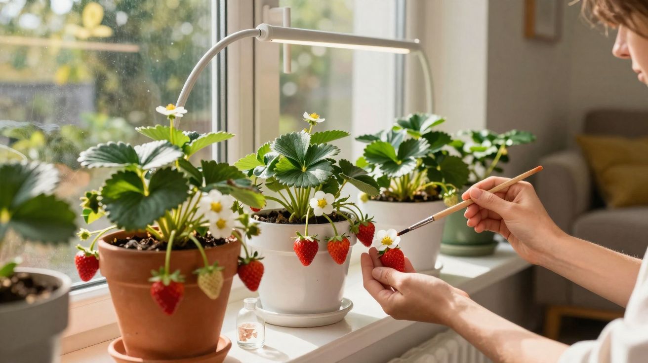 Pessoa cuidando de plantas de morango em vasos na janela iluminada por luz natural.